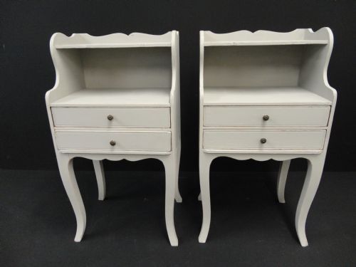 Pair of French Painted Bedside Cabinets with Shelf and Two Drawers.