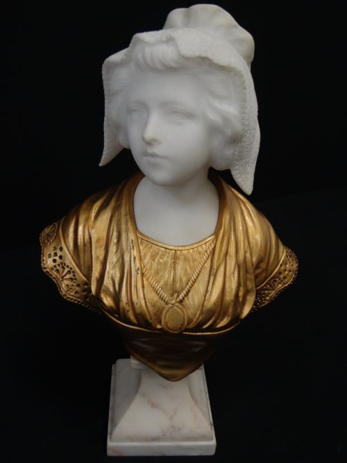 Flemish Carved Alabaster and Bronze Female Bust