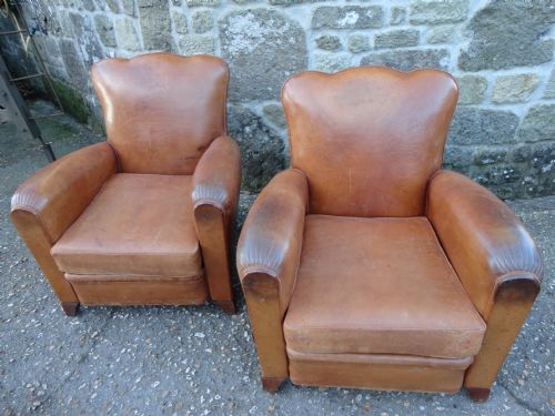 Pair of French Art Deco Brown Leather Club Armchairs