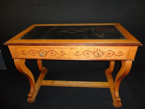 French Birdseye Maple Inlaid Writing Bureau with Leather Top and Matching Chair.