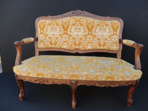 French Carved Walnut Louis Xv1 Style Upholstered Sofa.