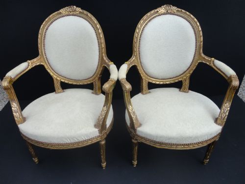Pair of French Gilt Louis Xv1 Style Salon Armchairs