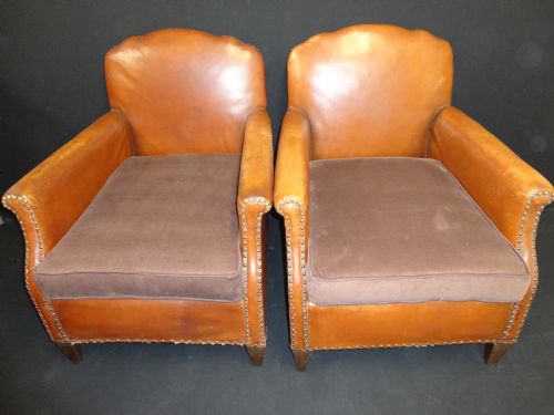 Pair of French Leather Club Armchairs