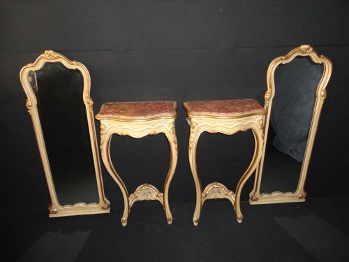 Pair of French Painted and Parcel Gilt Console Tables with Matching Mirrors.