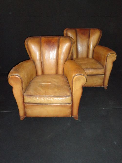 Pair of French Art Deco Leather Armchairs