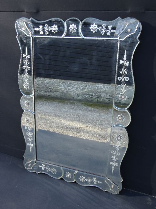 Pretty Venetian Glass Mirror with Etched Flower Decoration