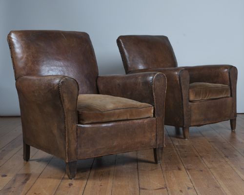 Pair of French Leather Club Armchairs