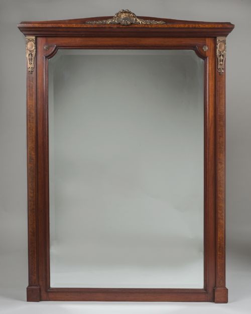 French Walnut Veneered Overmantle Mirror with Bronze Ormolu Mounts