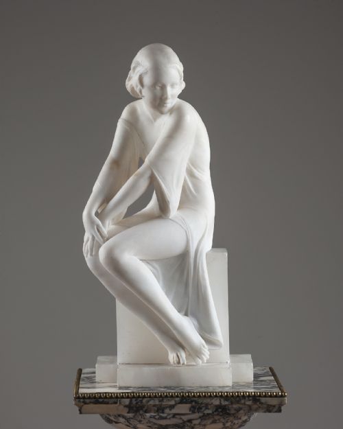 French Art Deco Carved Alabaster Seated Sculpture