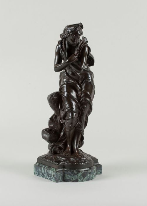 Late 19th Century French Bronze Sculpture of a Female Carrying a Mandolin Set on a Verdi Marble Base.