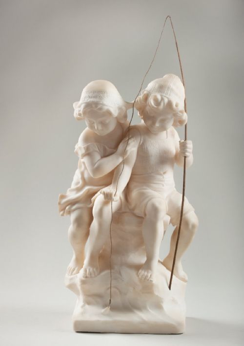 French Carved Alabaster Sculpture of Children Fishing, Signed Aug Moreau