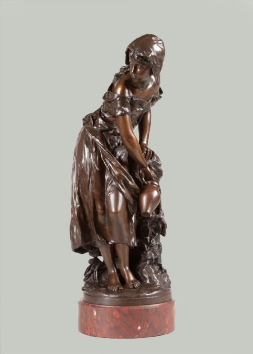 French Bronze Sculpture of a Female Set on a Rouge Marble Base, Signed by the French Artist Math Moreau. (1822- 1912)
