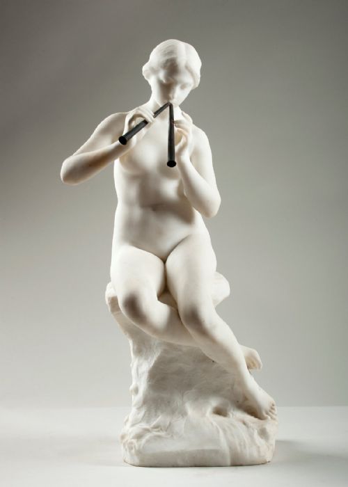 French Carved Marble Sculpture of a Seated Female Playing Flutes