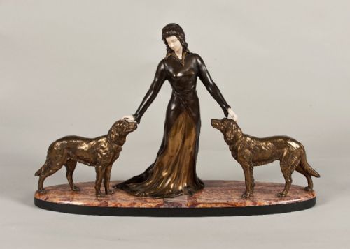 French Art Deco Spelter and Ivorine Sculpture Set on a Marble Base