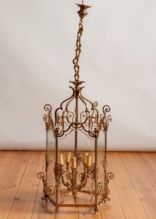 Large French Five Light Brass and Glass Hanging Lantern