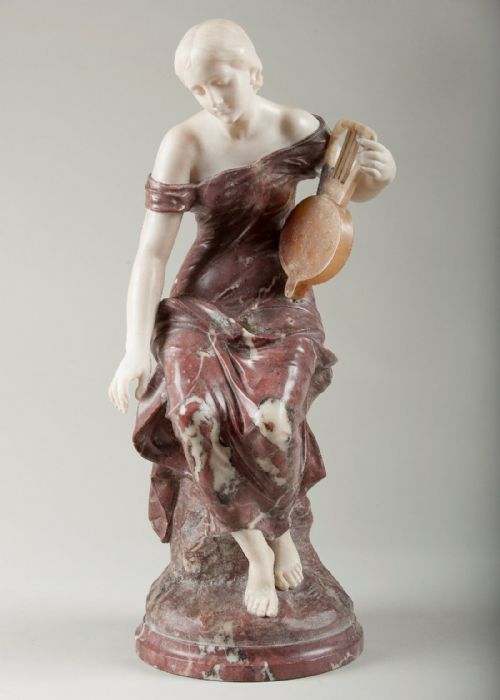 Stunning Italian Marble Sculpture of a Female Playing a Lyre. Signed Pugi