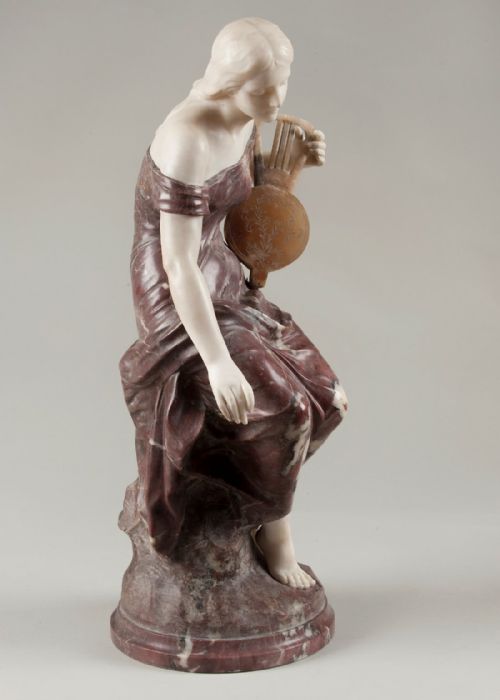 fig 1. Stunning Italian marble sculpture of a female playing a lyre. Signed Pugi