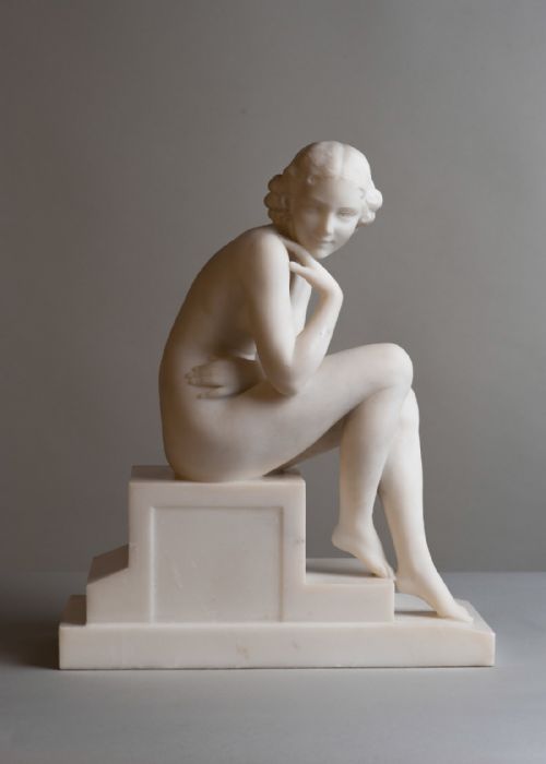 Stunning Italian Art Deco Carved Carrara Marble Sculpture of a Seated Female, Signed L.morelli