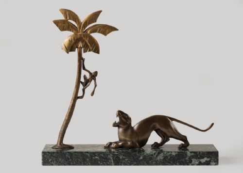 French Art Deco Bronze Sculpture Set on a Verde Genova Marble Base.