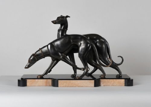Fabulous French Art Deco Spelter Sculpture of Two Greyhounds