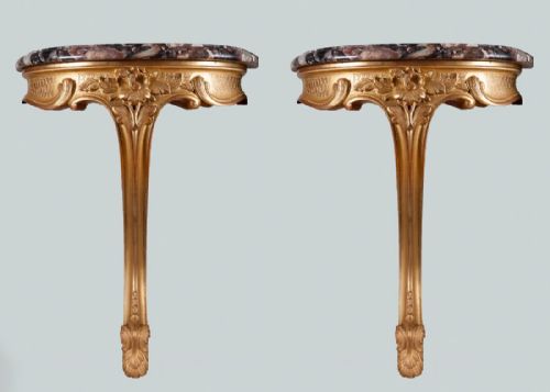 Pair of Unusual French Gilt Wall Bracket Console Tables with Breccia Di Seravezza Marble Tops.