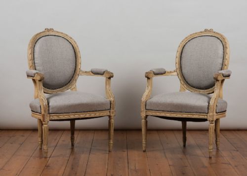 Pair of French, 19th Century Original Painted Armchairs, Upholstered in a Grey Fabric.