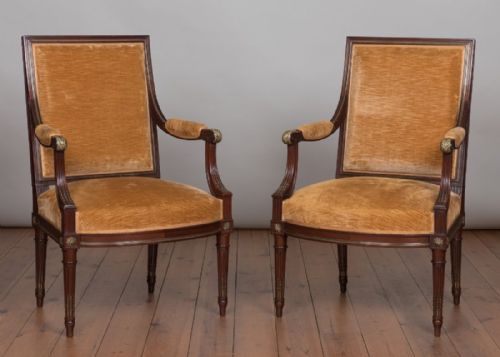 Pair of Late 19th Century French Mahogany and Ormolu Upholstered Armchairs