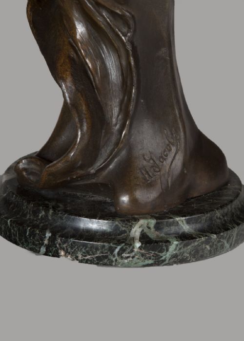FRENCH ART NOUVEAU SPELTER FEMALE SCULPTURE SET ON A VERDI GREEN MARBLE BASE - ADDITIONAL PHOTO 4