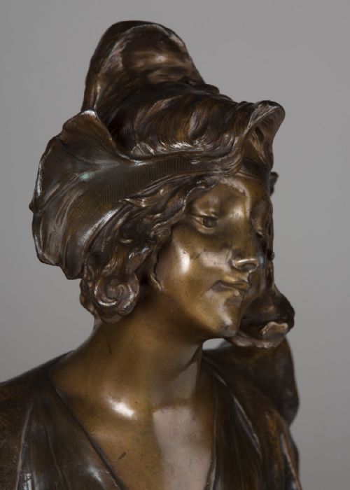 FRENCH ART NOUVEAU SPELTER FEMALE SCULPTURE SET ON A VERDI GREEN MARBLE BASE - ADDITIONAL PHOTO 5