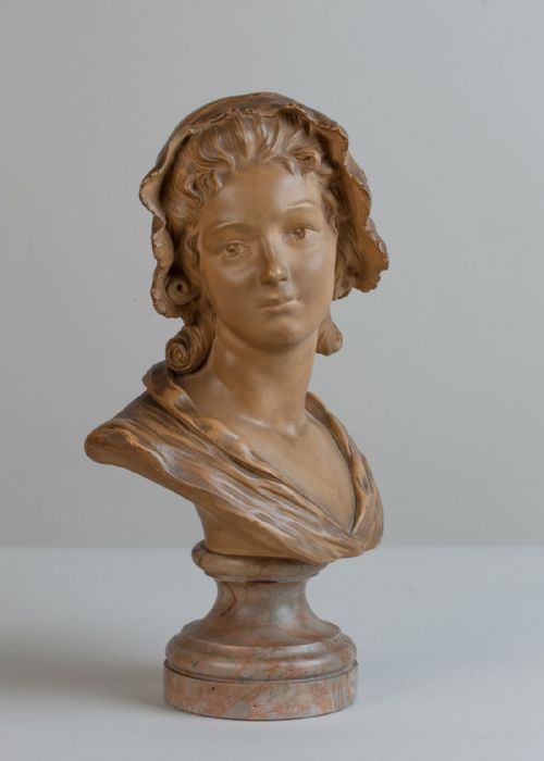 French Terracotta Sculpture of a Female Set on a Marble Base