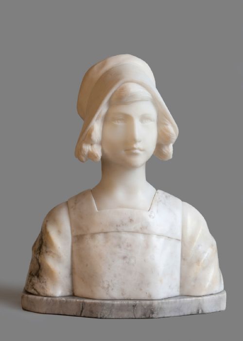 French Carved Alabaster Sculpture of a Female Set on a Grey Mottled Base.