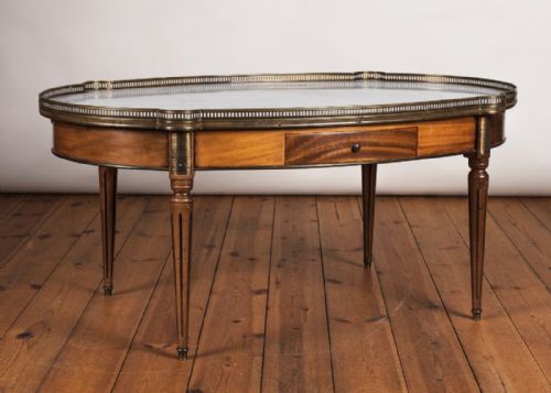 Large French Walnut Coffee Table with Brass Fret and with a Marble Top