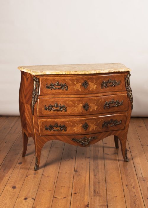 French Louis Xv Style Three Drawer Marquetry Chest of Drawers with Sienna Marble Top