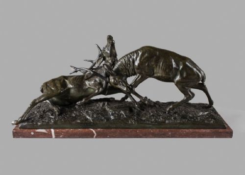 French Bronze Sculpture of a Pair of Fighting Stags Set on a Marble Base. Signed E.guy
