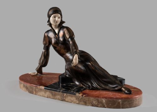 French Art Deco Spelter and Ivorine Sculpture Set on Marble Base. Signed Cipriani