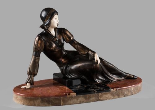 fig 1. French Art Deco Spelter And Ivorine Sculpture Set On Marble Base. Signed CIPRIANI