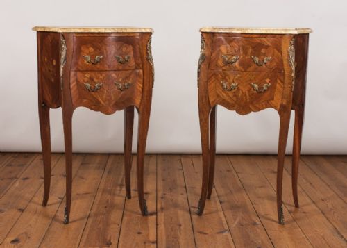 Pair of French Fruitwood Inlaid Bedside Cabinets/ Tables with Marble Tops
