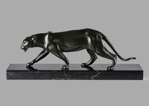 Stunning French Art Deco Bronze Sculpture of a Panther Set on a Marble Base.