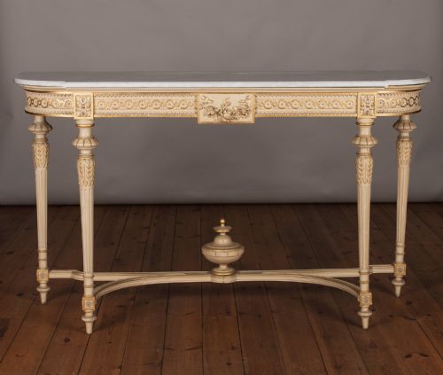 French Painted and Parcel Gilt Console Table with Marble Top