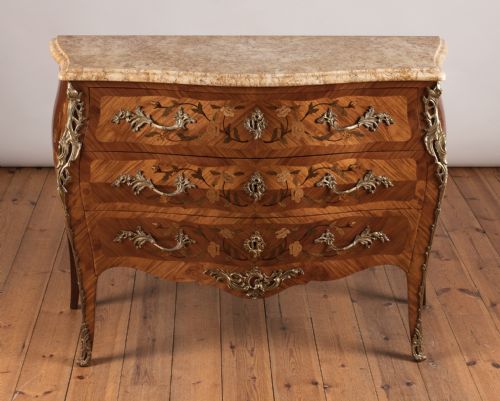 French Louis Xv Style Three Drawer Marquetry Chest of Drawers with Sienna Marble Top.