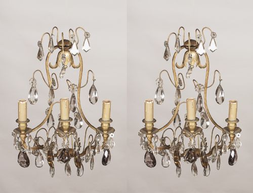 A Pretty Pair of French Large Brass and Glass Wall Sconces