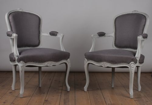 Pair of French Louis Xv Style Painted Upholstered Fauteuil Armchairs.