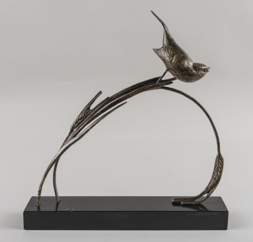 French Art Deco Bronze Sculpture of a Bird Set on a Marble Base. Signed Becquerel