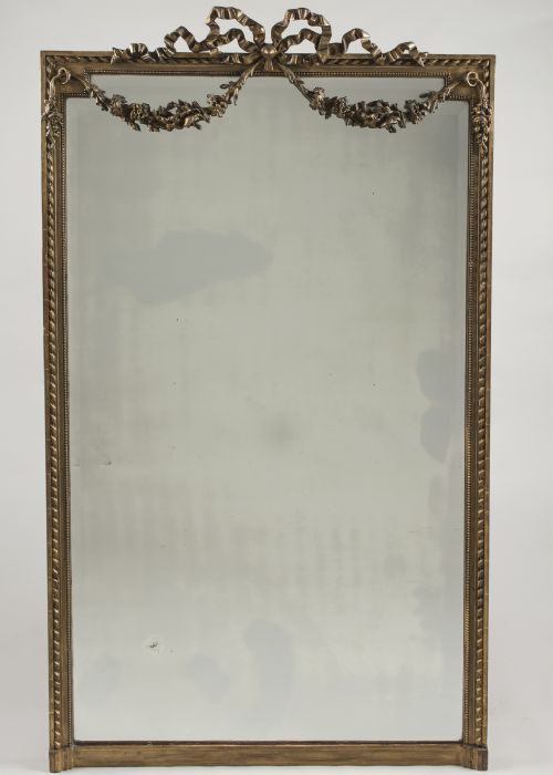 Large 19th Century French Gilt Overmantle Mirror with Ribbon and Flower Decoration and Bevelled Glass.