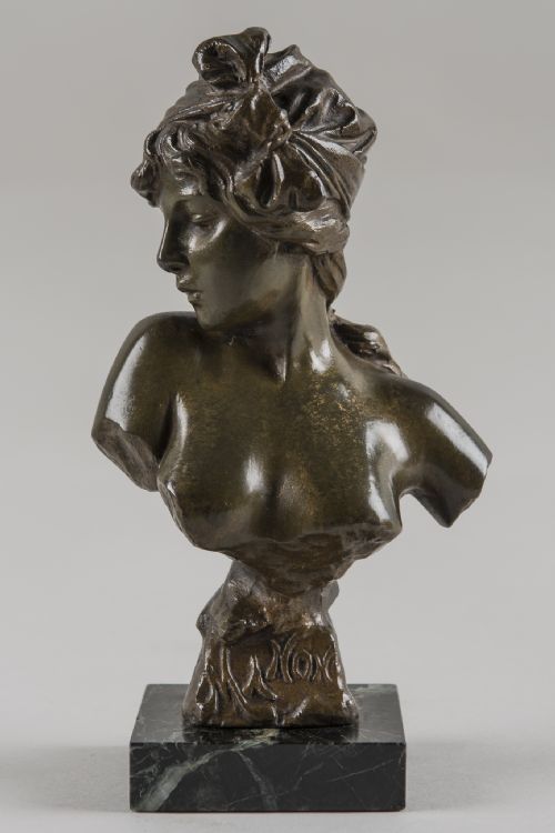 Art Nouveau French Bronze Sculpture by the Artist E.villanis Set on a Verdi Marble Base.