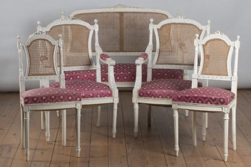French Painted Five Piece Upholstered and Cane Salon Suite with Ribbon Decoration