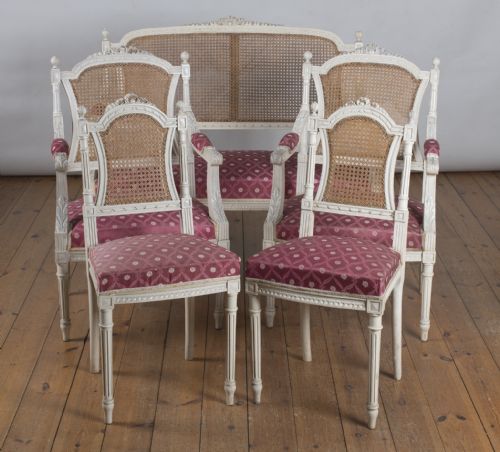 fig 1. French Painted Five Piece Upholstered And Cane Salon Suite With Ribbon Decoration