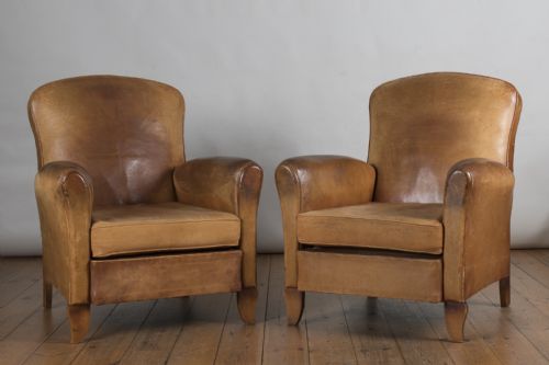 Pair of French Art Deco Leather Club Armchairs