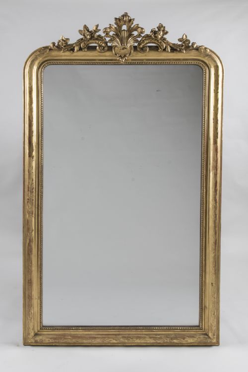 Large French Gilt Large Overmantle Mirror with Decorative Cresting