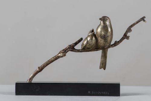French Art Deco Bronze Sculpture of Two Birds Set on a Marble Base, Signed Becquerel